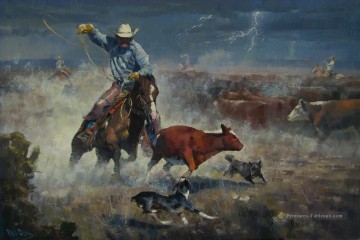 cow boy attraper bétail tempête Peinture à l'huile